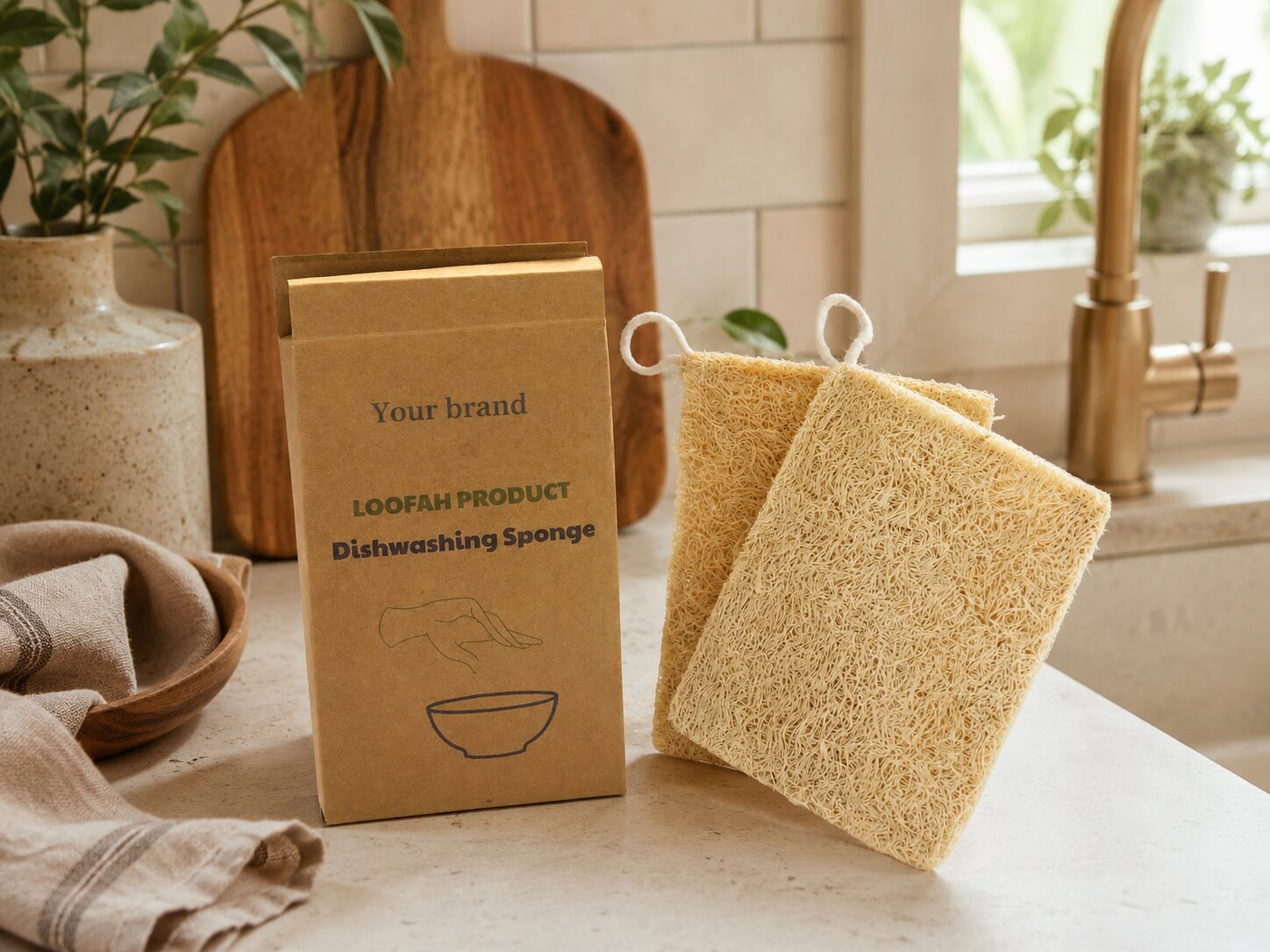 Private-label kraft packaging mockup for a natural loofah dishwashing sponge