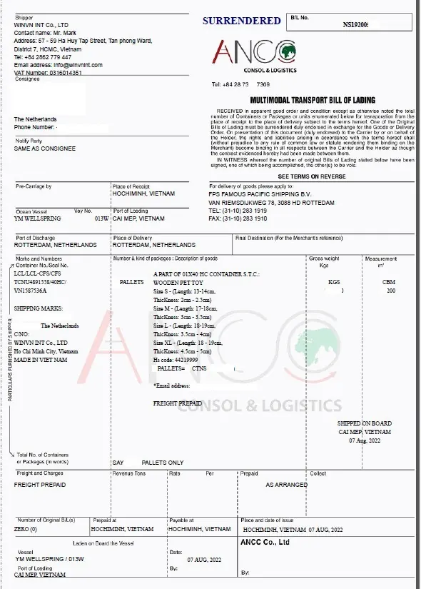 Bill of lading for a WINVN export shipment
