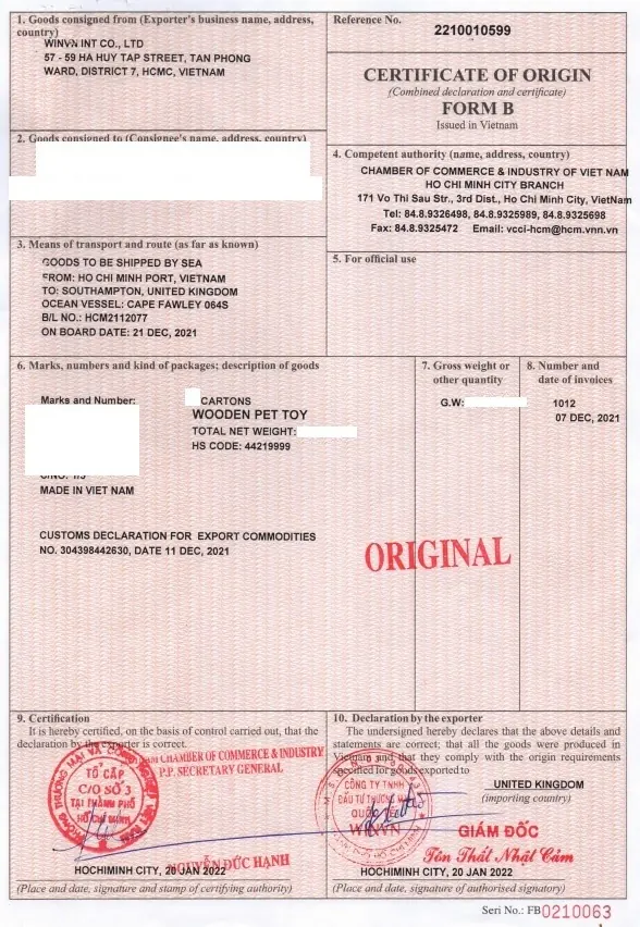 Certificate of Origin Form B for a WINVN export shipment, buyer address redacted