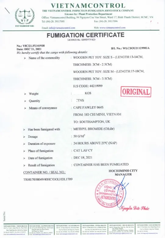 Fumigation certificate for a WINVN export shipment