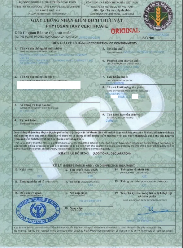 Phytosanitary certificate for a WINVN export shipment