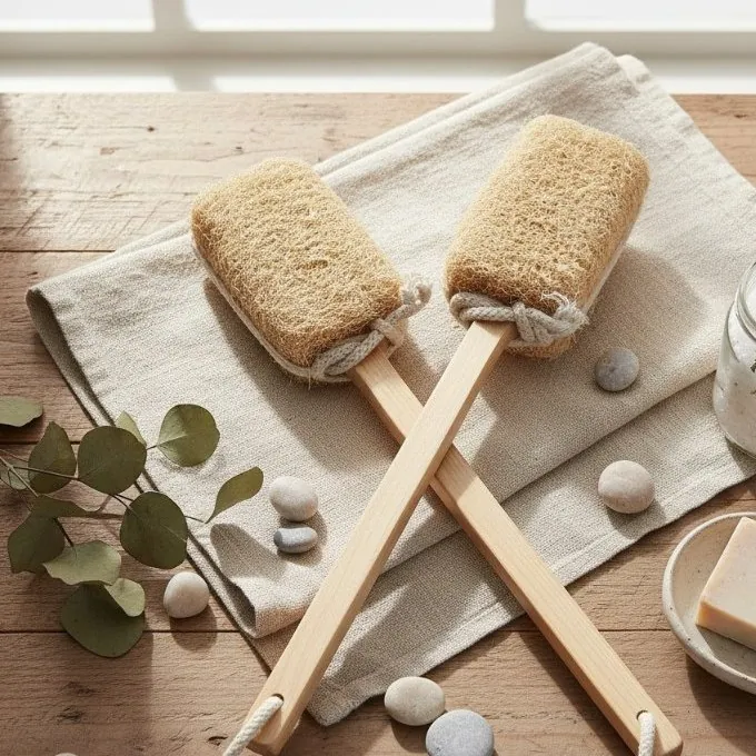 Wooden-handle loofah back scrubber brush