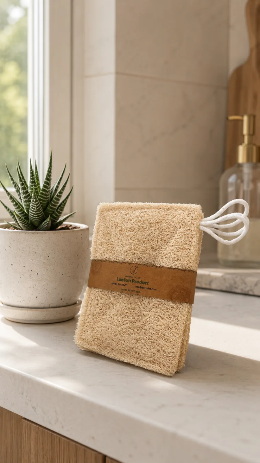 Natural loofah kitchen sponge next to dishware, showing its fibrous plant-based texture